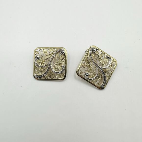 Gold Vermeil Filigree Clip On Vintage Earrings Marked SILVER TIKA Stamped retro - Picture 15 of 16